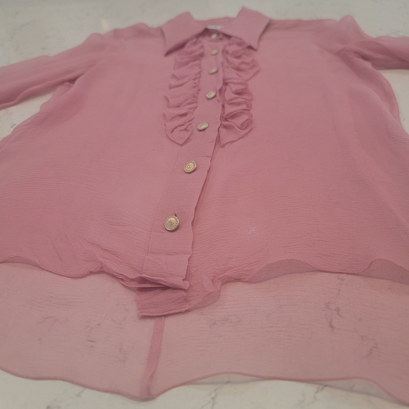 CHANEL fall 2006 runway pink ruffle blouse gold crystal logo buttons size 34 - Picture 16 of 16